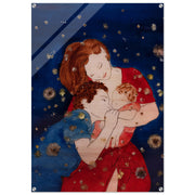 We Are Family – acrylic glass print of a loving family scene by Mehlika Tanriverdi, showing three figures in deep connection, surrounded by blossoms